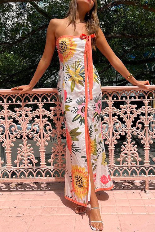 Floral Print Strapless High Slit Wrap Maxi Dress