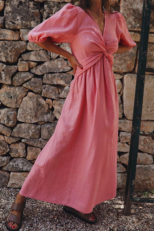 Mixiedress V Neck Twist Knot Front Puff Sleeves Cotton Linen Maxi Dress