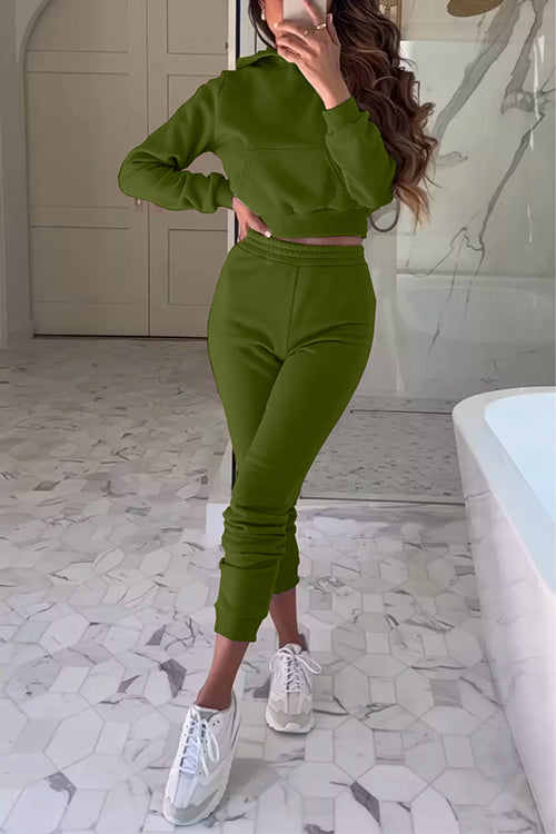 Mixiedress Long Sleeves Hoodied Crop Sweatshirt Elastic Waist Joggers Loungewear Set