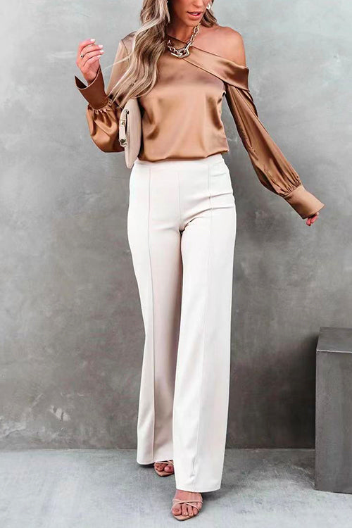 Mixiedress Cold Shoulder Long Sleeve Solid Satin Blouses