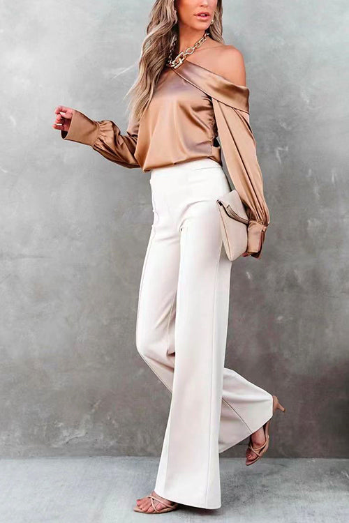 Mixiedress Cold Shoulder Long Sleeve Solid Satin Blouses