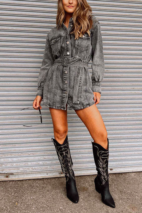 Mixiedress Vintage Long Sleeves Belted Denim Mini Shirt Dress