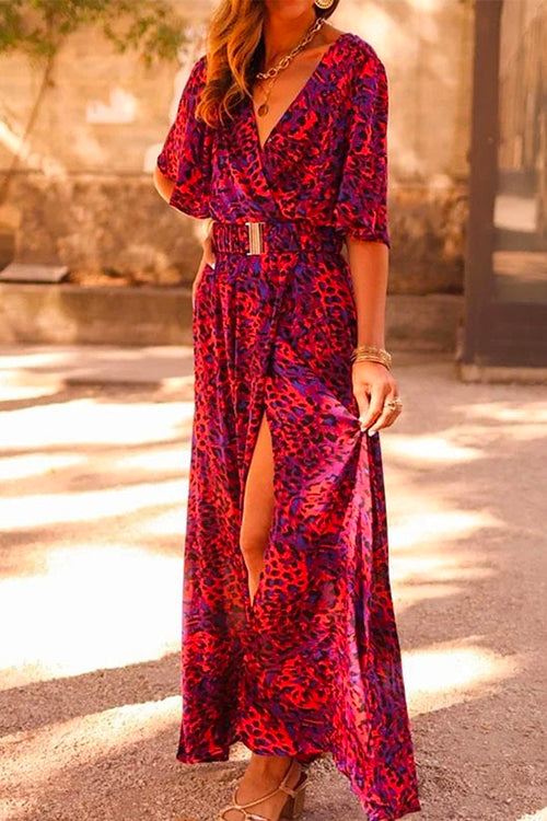 Mixiedress Wrap V Neck Flare Sleeve High Slit Maxi Printed Dress