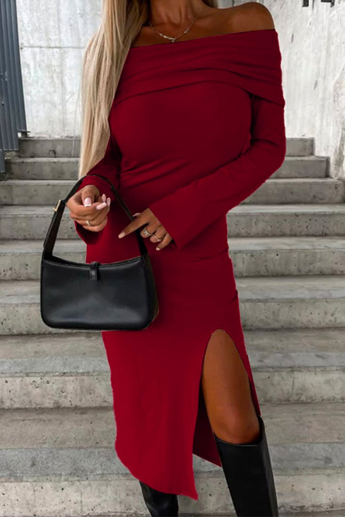 Mixiedress Off Shoulder Long Sleeves Slit Bodycon Midi Dress