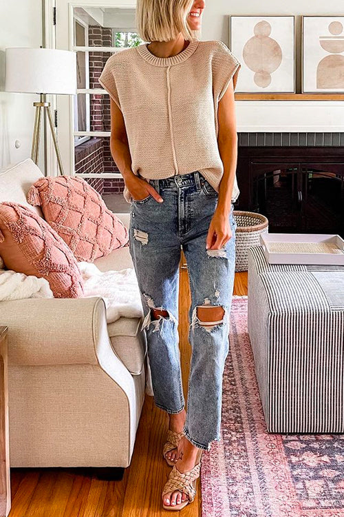 Mixiedress Crewneck Cap Sleeves Pullover Sweater