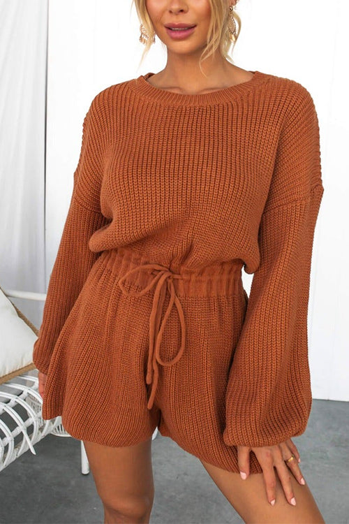 Mixiedress Drop Shoulder Long Sleeves Drawstring Waist Knitting Romper