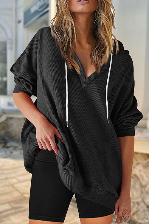 Mixiedress V Neck Drop Shoulder Drawstring Hoodied Sweatshirt