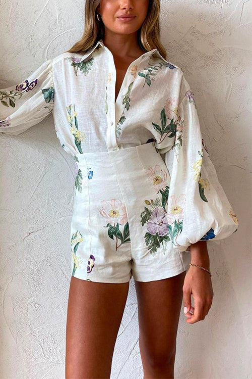 Floral Printed Balloon Long Sleeves Blouse Shirt High Waist Shorts Set