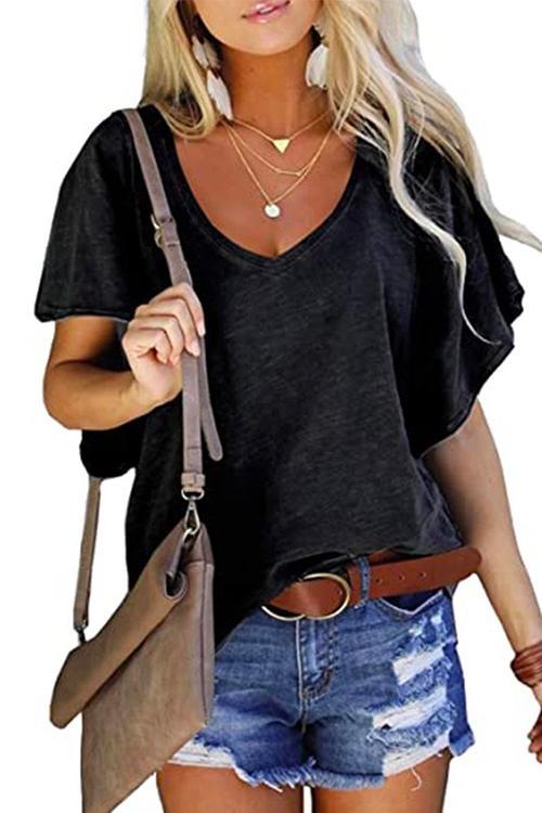 Mixiedress Solid V Neck Ruffle Short Sleeve Plain T-shirt