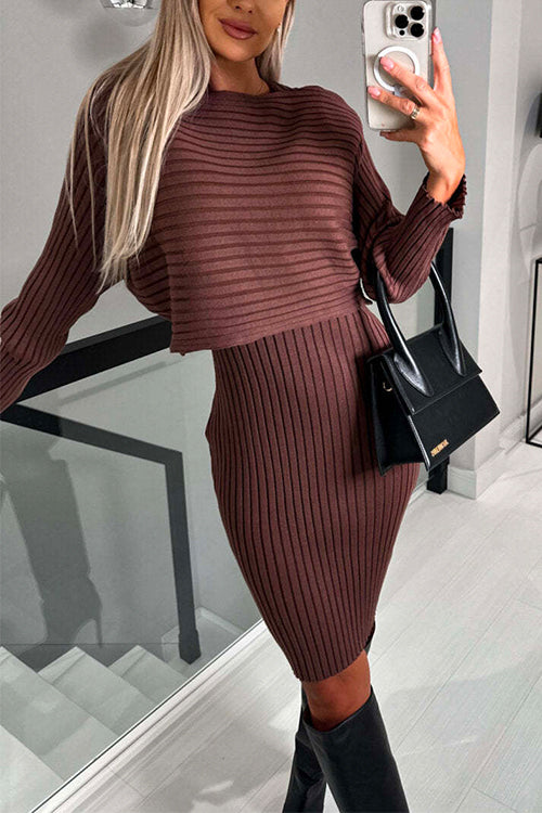 Mixiedress Ribbed Knit Long Sleeves Crop Pullover and Bodycon Cami Dress Set