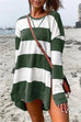 Mixiedress Crewneck Long Sleeve Striped Side Split High Low Hem Dresses