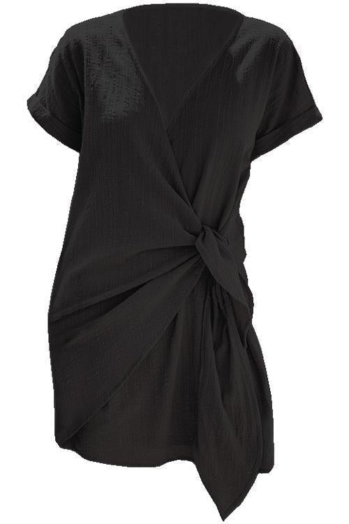 Mixiedress Solid Cross V Neck Tie Wrap Dress