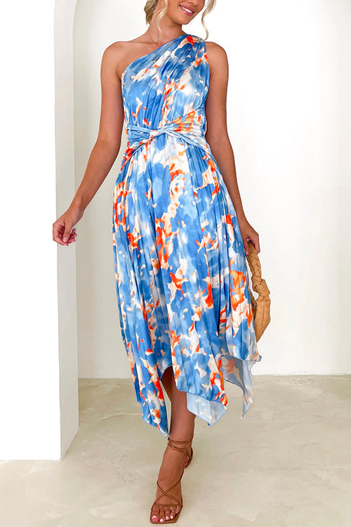 Mixiedress One Shoulder Twist Front Printed Irregular Dress