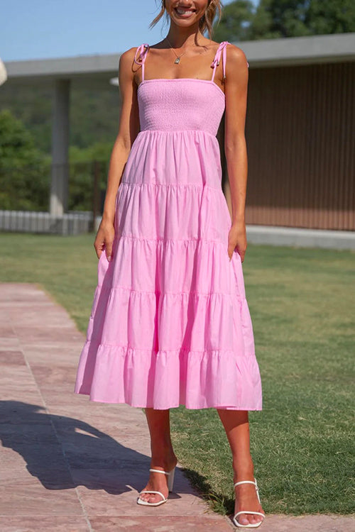 Mixiedress Tie Shoulder Smocked Ruffle Tiered Swing Cami Dress