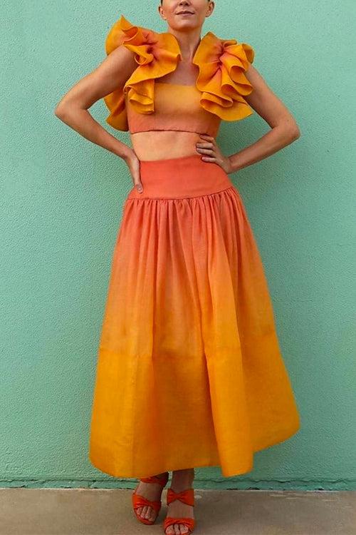 Mixiedress Gradient Ruffled Shoulder Crop Top High Waist A-line Skirt Set