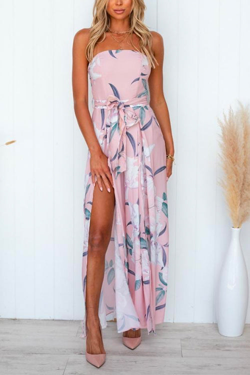 Mixiedress Sleeveless Off Shoulder Tie Waist Split Wide Leg Floral Jumpsuit