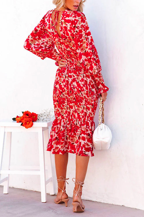 Mixiedress V Neck Long Sleeves Dress Printed Mermaid Midi Dress