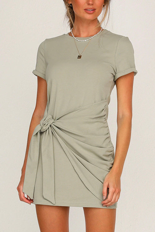 Mixiedress Short Sleeve Knot Waist Solid T-shirt Dress