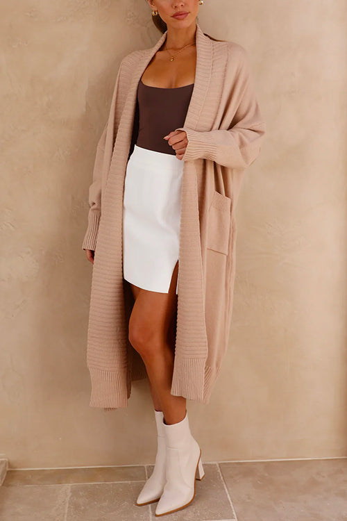 Mixiedress Open Front Dolman Sleeves Pocketed Long Knit Cardigan