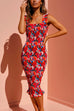 Mixiedress Square Collar Floral Smocked Midi Bodycon Dress