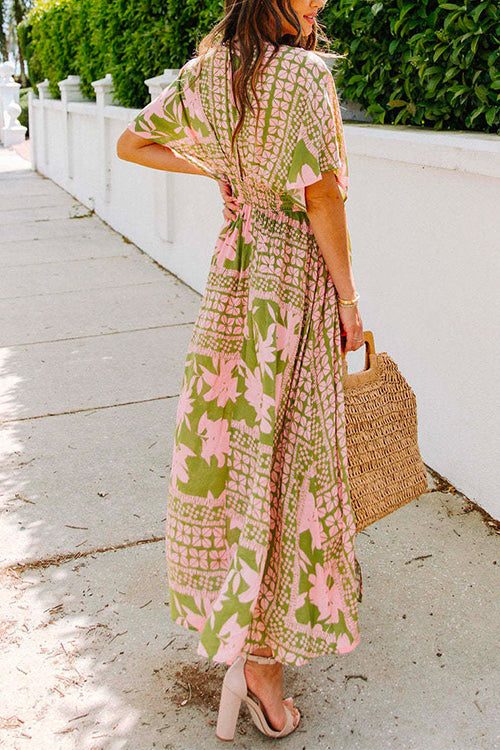 Mixiedress V Neck Kimono Sleeves Side Split Printed Maxi Holiday Dress