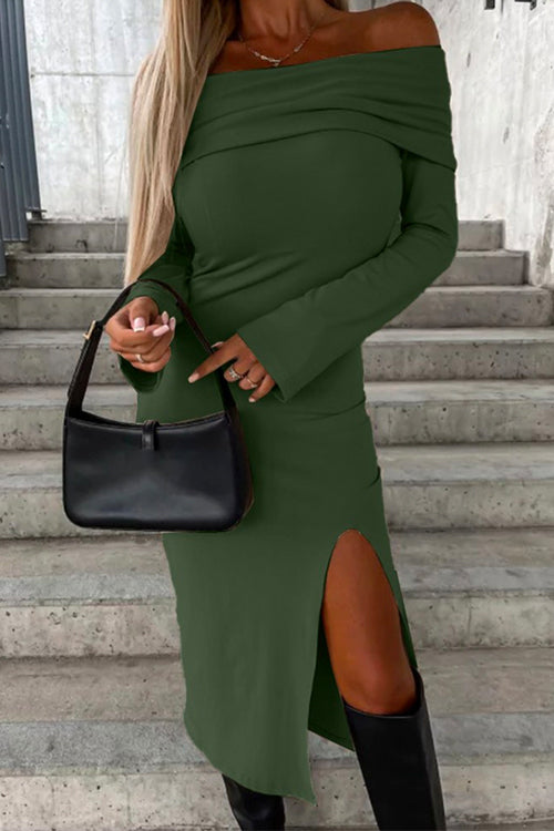 Mixiedress Off Shoulder Long Sleeves Slit Bodycon Midi Dress