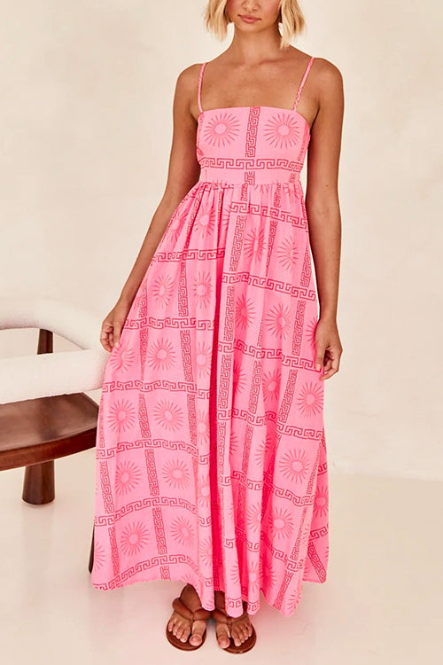 Mixiedress Spaghetti Strap Cut Out Waist Printed Maxi Swing Dress