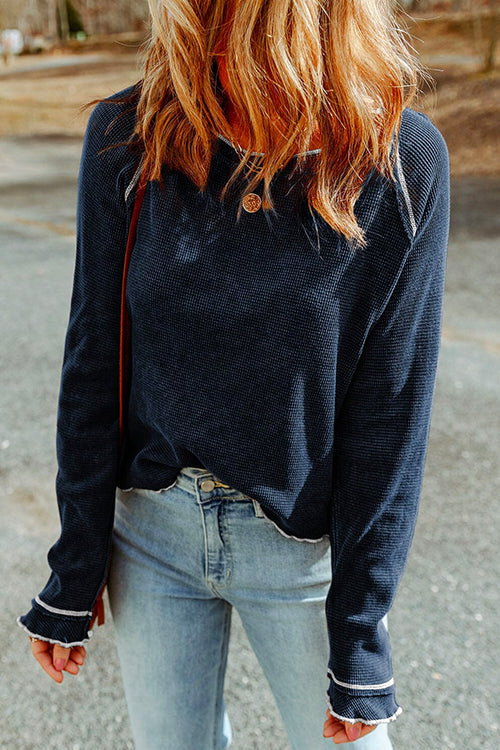 Mixiedress Long Sleeves Splice Waffle Knit Pullovers