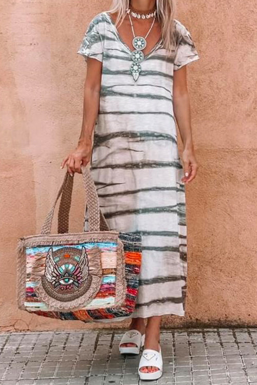 Mixiedress V Neck Short Sleeves Printed Casual A-line Maxi Dress