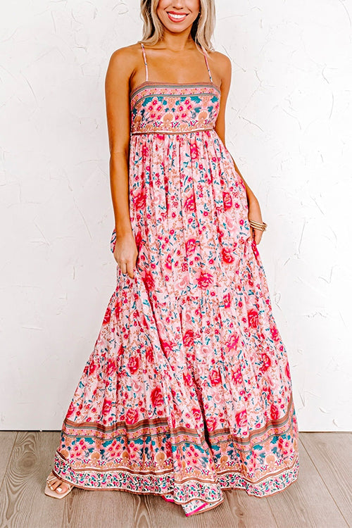 Mixiedress Lace Up Backless High Waist Floral Maxi Cami Holiday Dress