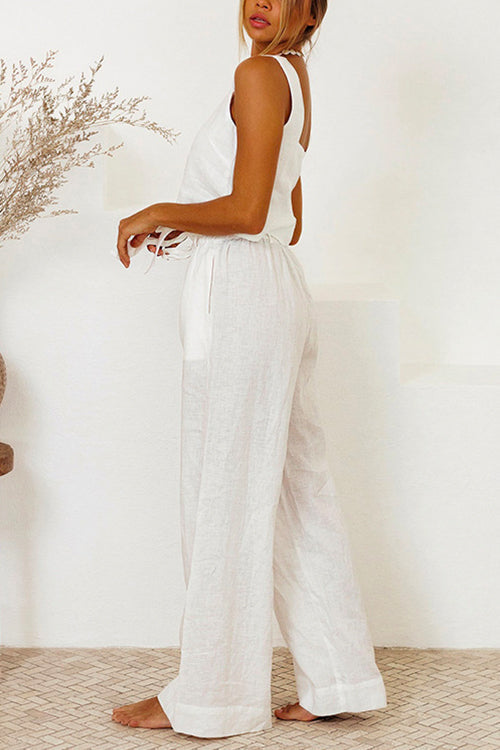 Mixiedress Square Collar Crop Tank Top Tie Waist Wide Leg Pants Cotton Linen Set