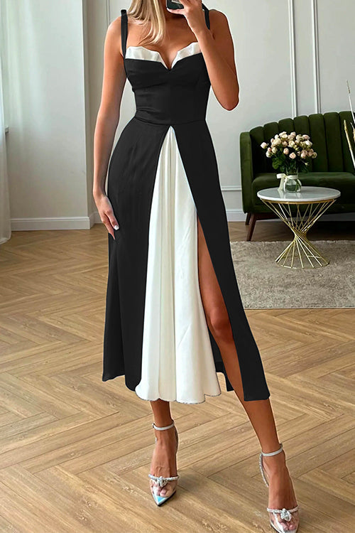 Mixiedress Tie Shoulder Color Block Splice Swing Midi Cami Dress