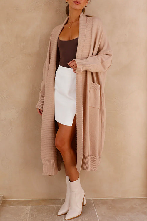 Mixiedress Open Front Dolman Sleeves Pocketed Long Knit Cardigan