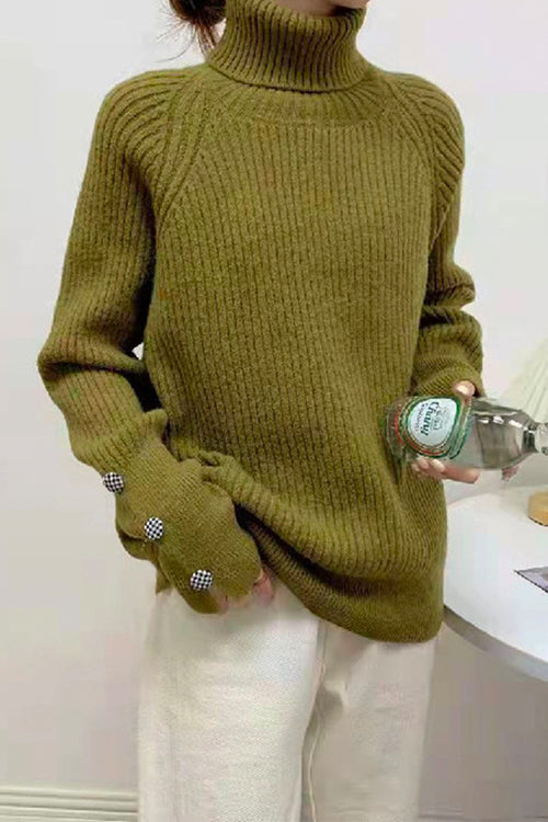 Mixiedress Turtleneck Raglan Sleeves Buttons Slouchy Sweater