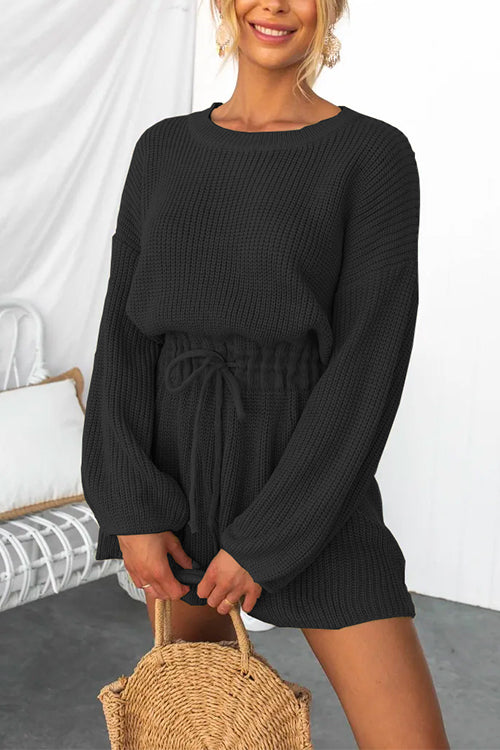 Mixiedress Drop Shoulder Long Sleeves Drawstring Waist Knitting Romper