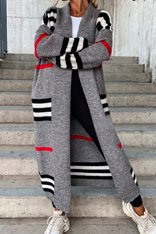 Mixiedress Open Front Color Block Striped Splice Long Sweater Cardigan