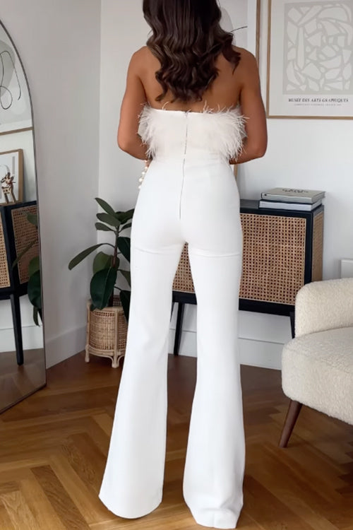 Mixiedress Strapless Feather Tube Top Flare Bottoms Jumpsuit