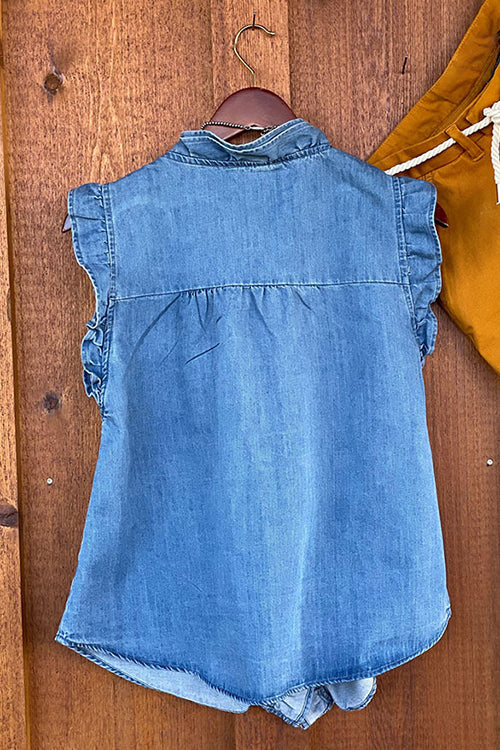 Mixiedress V Neck Ruffle Trim Sleeveless Denim Top