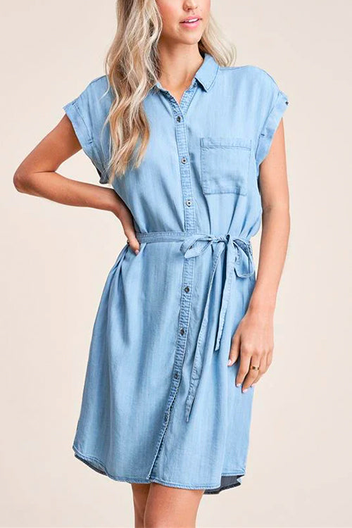 Mixiedress Short Sleeves Tie Waist Button Down Denim Shirt Dress
