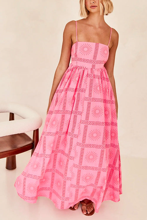 Mixiedress Spaghetti Strap Cut Out Waist Printed Maxi Swing Dress