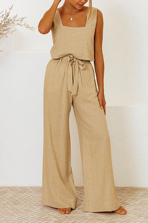 Mixiedress Square Collar Crop Tank Top Tie Waist Wide Leg Pants Cotton Linen Set