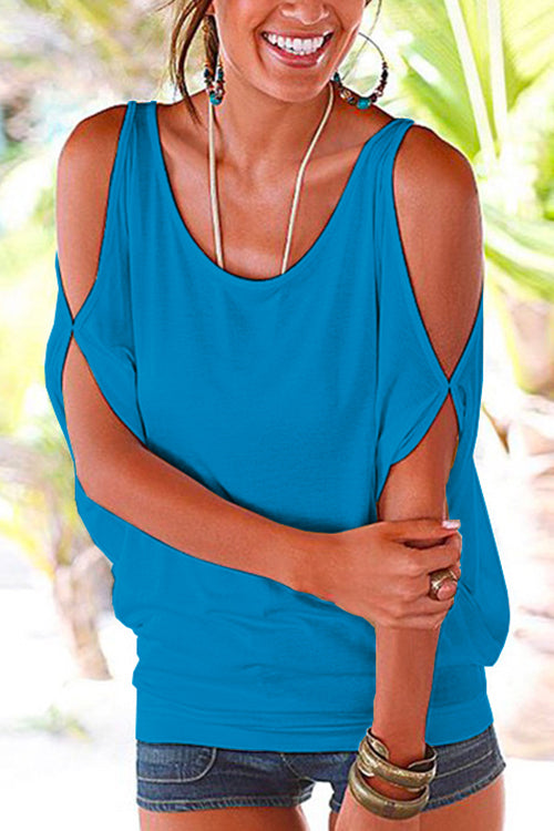 Mixiedress Scoop Neck Cold Shoulder Batwing Sleeve Solid T-shirt