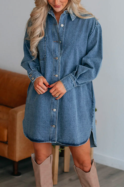 Mixiedress Curve Hem Button Down Denim Shirt Dress