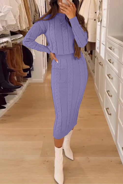 Mixiedress Crewneck Long Sleeves Pullover Pocketed Midi Skirt Cable Knit Set