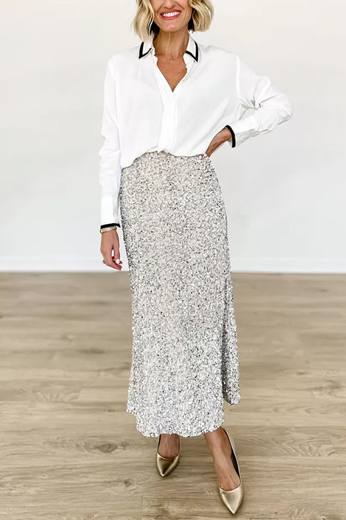 High Waist Shinny Sequin Maxi Party Skirt