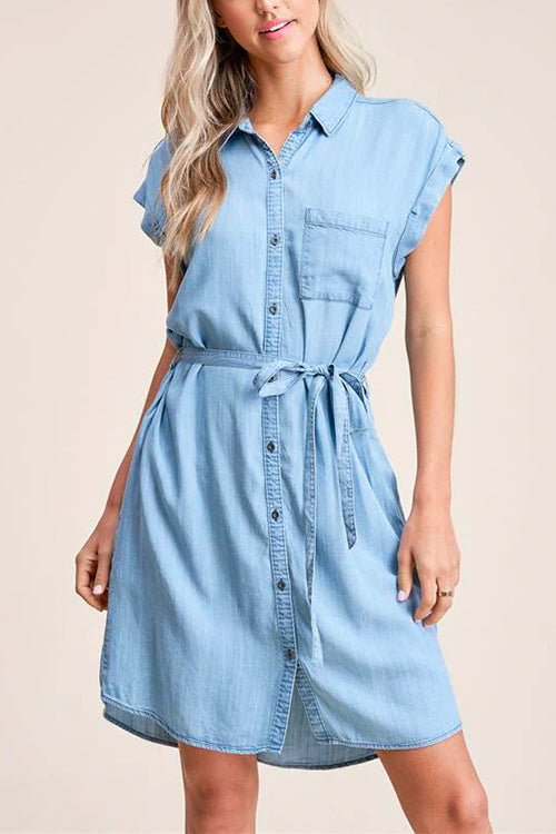 Mixiedress Short Sleeves Tie Waist Button Down Denim Shirt Dress