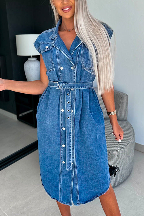 Mixiedress Lapel Double Breasted Curve Hem Denim Midi Dress with Belt