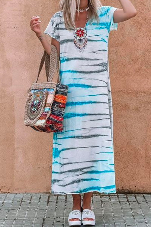 Mixiedress V Neck Short Sleeves Printed Casual A-line Maxi Dress