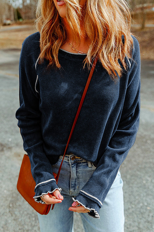 Mixiedress Long Sleeves Splice Waffle Knit Pullovers