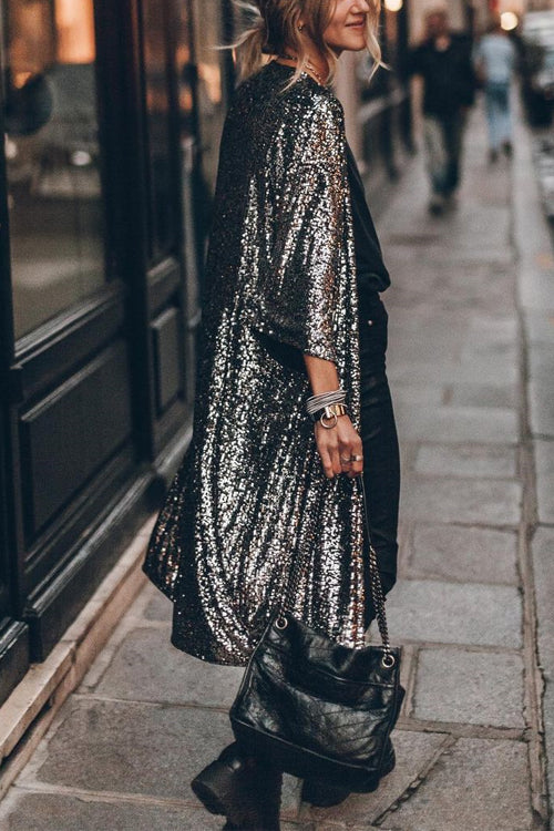 Mixiedress 3/4 Sleeves Open Front Sequin Shinny Midi Cardigan